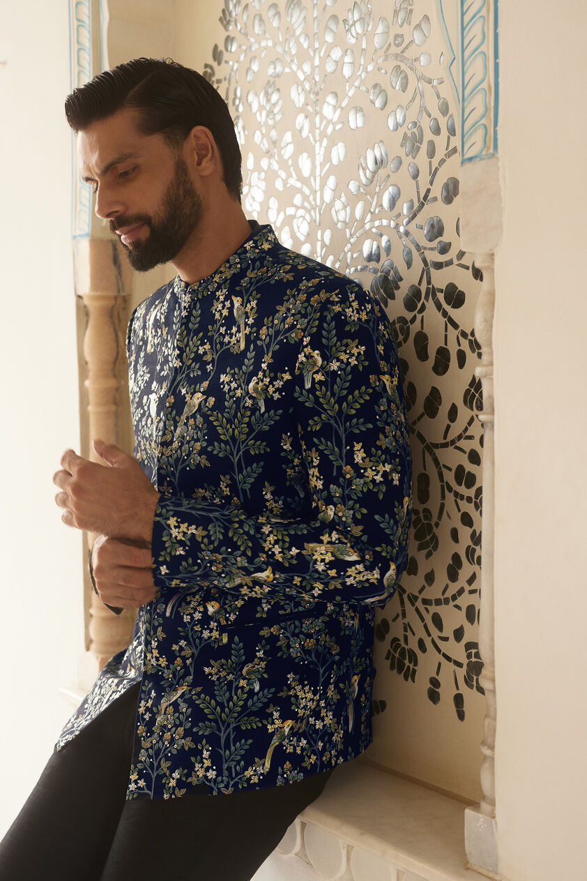 Ipsit Hand-painted Pichhwai Silk Bandhgala - Navy, Navy, image 4